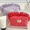 1Pc with Zipper Sweet Large Capacity Cute Cosmetic Cases Ins Style Wash Storage Bag Makeup Bag Plaid Pattern Ruffle