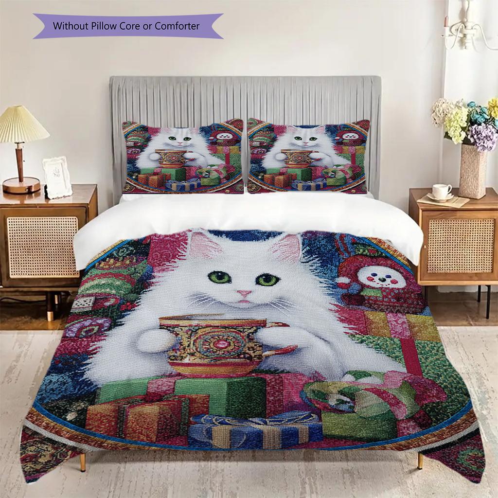 Weißes Katzenmuster Bettwäsche Steppdecke Set Deckenbezug Kissenbezug Heimdekoration Geburtstagsgeschenk (1 Bettbezug + 2 Kissenbezüge, ohne Füllung)