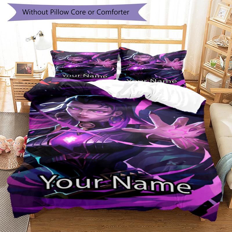 3pcs Custom Name Valorant Bedding Set Duvet Cover Closure Includes 1 Duvet Cover & 2 Pillowcases, Soft and Comfortable for All Seasons.