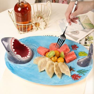 Shark Shape Dumpling Plate with Soy Sauce Dish Creative Handmade Shark Shape Platter for Sushi