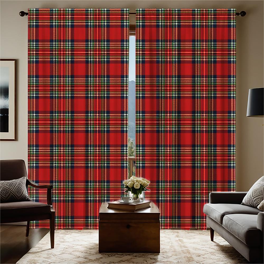 Piece Set High Definition Digital Printed Curtainred Plaid Checkered Pattern Curtainshome Decoration Style Curtains Made Of Polyester