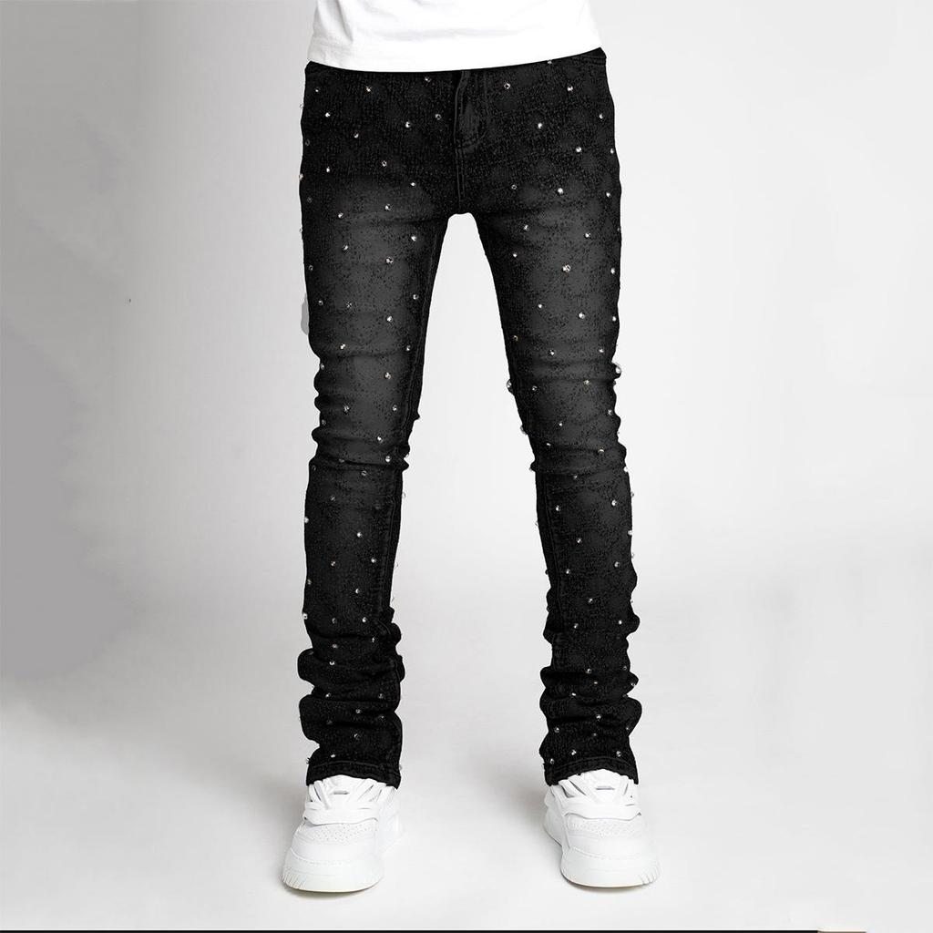 Men's European & American Fashion Straight Denim Pants with Elastic Pearl Layered Detail