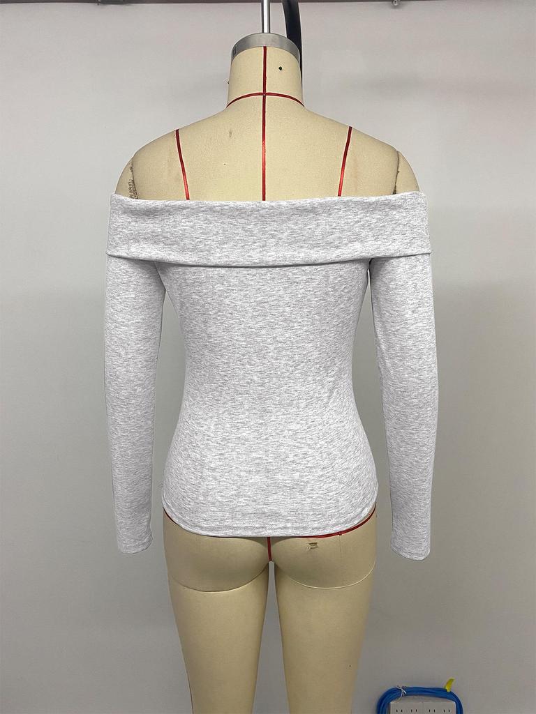 Baifen Zhi Yi European & American 2025 Spring/Autumn Sexy Slim-Fit Solid Color Off-Shoulder Long Sleeve T-shirt