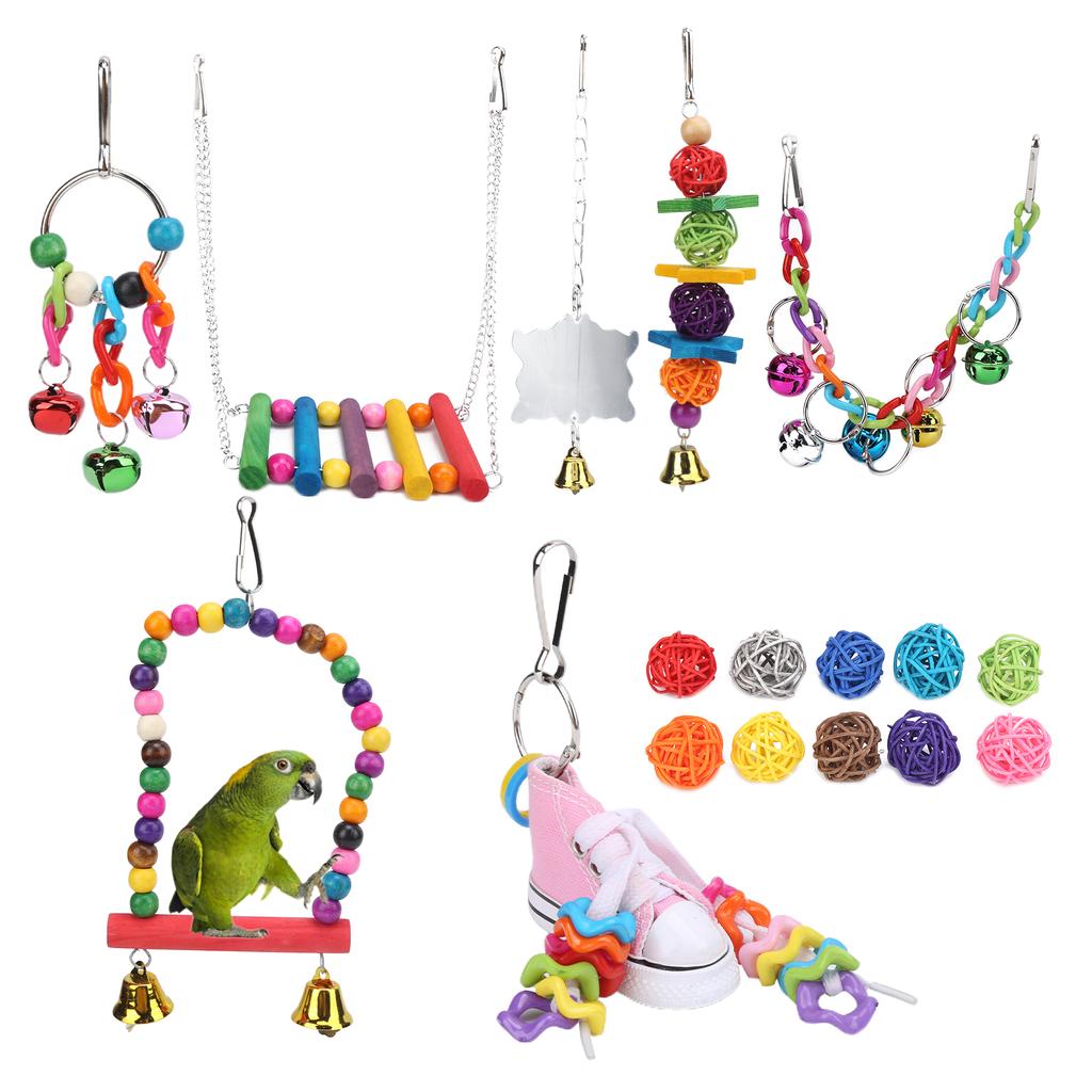 17 Packs Bird Toys Sepak Takraw Hanging Chain Swing Bell String Set for Small and Medium Parrots