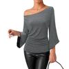 Women's Fashionable Solid Color Round Neck 3/4 Sleeves Shiny Slim Fit Shirt Top