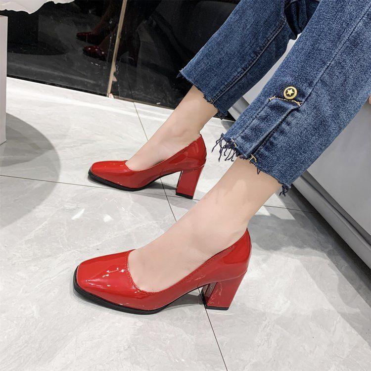 Women's Leather Shoes High Heels Elegant Thick Heel Square Toe Slip-on Shoes