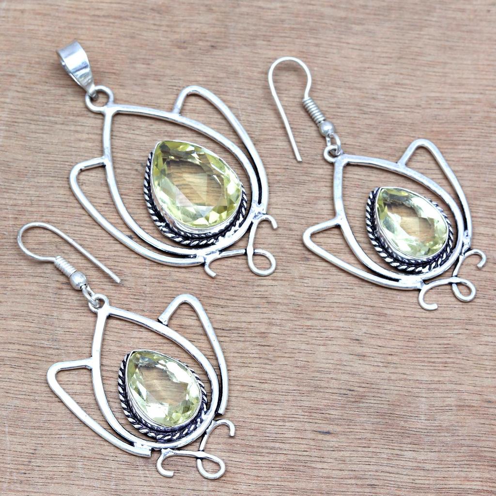 Lemon Topaz Gemstone Mother's Day Jewelry Pendant Earring Set