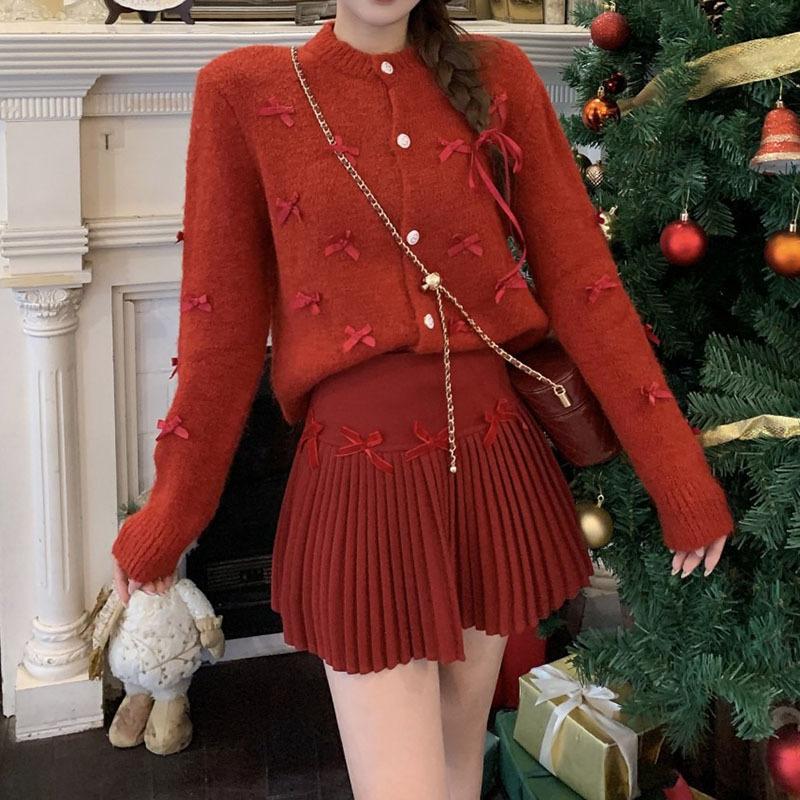 

French Bow Knitted Sweater Autumn Winter Short Cardigan jacket Loose Crew Neck Foreign Style Fashion Soft Waxy Sweaters Women One Size