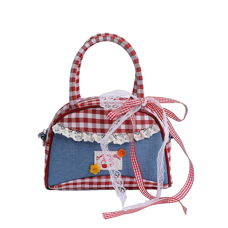 Small Fresh Lace Handbag Literary and Artistic Fan Retro Fashion Red and Blue Contrasting Color Plaid Handbag