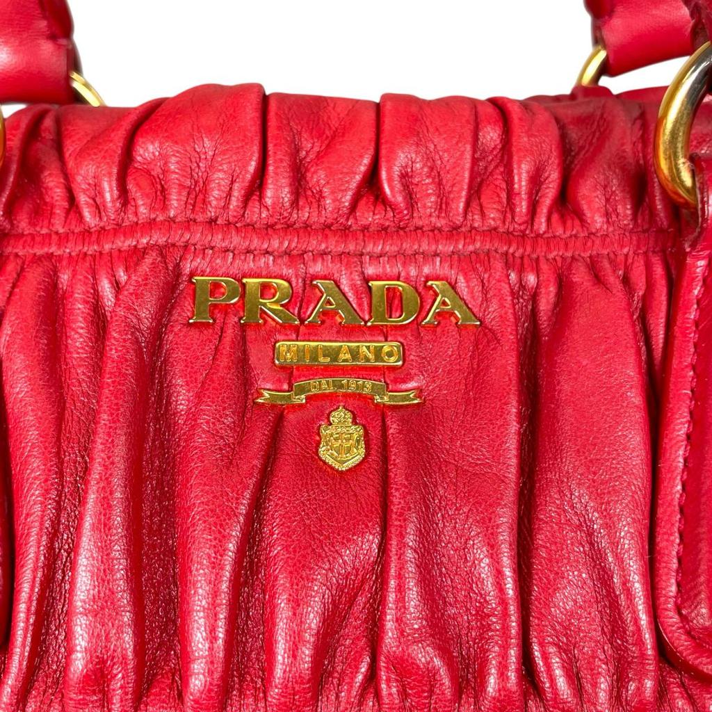 PRADA gathered Nappa Goful Tote Bag leather Red Women B2588L Used