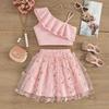 Traje de Dos Piezas para Niñas de Verano Color Sólido Sin Mangas Hombro Oblicuo Volante en la Parte Superior Falda con Empalme de Malla Cubierta de un Hombro