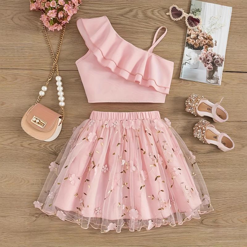 

Summer Girls Two-piece Suit Solid Color Sleeveless Oblique Shoulder Ruffle Top Mesh Splicing Skirt One-shoulder Cover 90cm рожевий