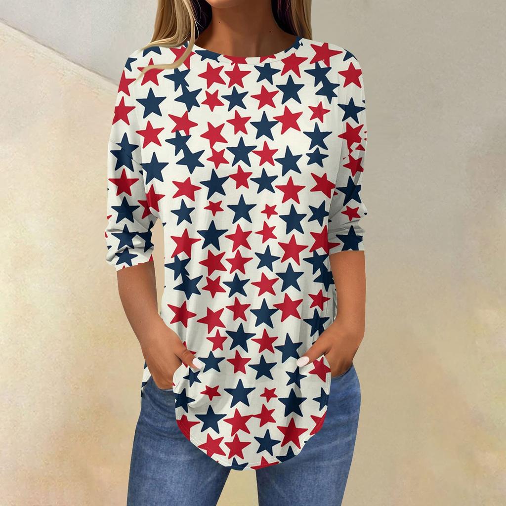3/4 Length Sleeve Womens Tops Summer T-Shirts Print O Neck Casual Basic Tee Button Shirts Tunic Tops
