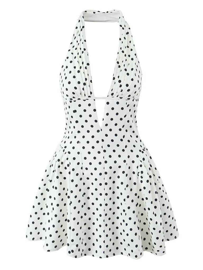 Elegant French-Inspired Backless V-Neck Halter Dress with Pleats and Wide Hem