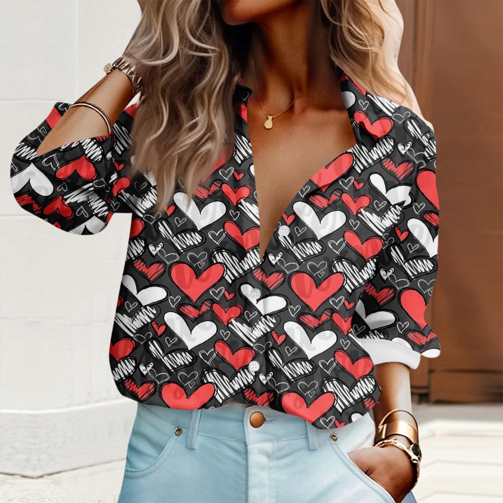 

Женская рубашка-блузка с принтом на пуговицах ко Дню Святого Валентина и длинным рукавом, повседневная базовая рубашка с воротником, обычный топ