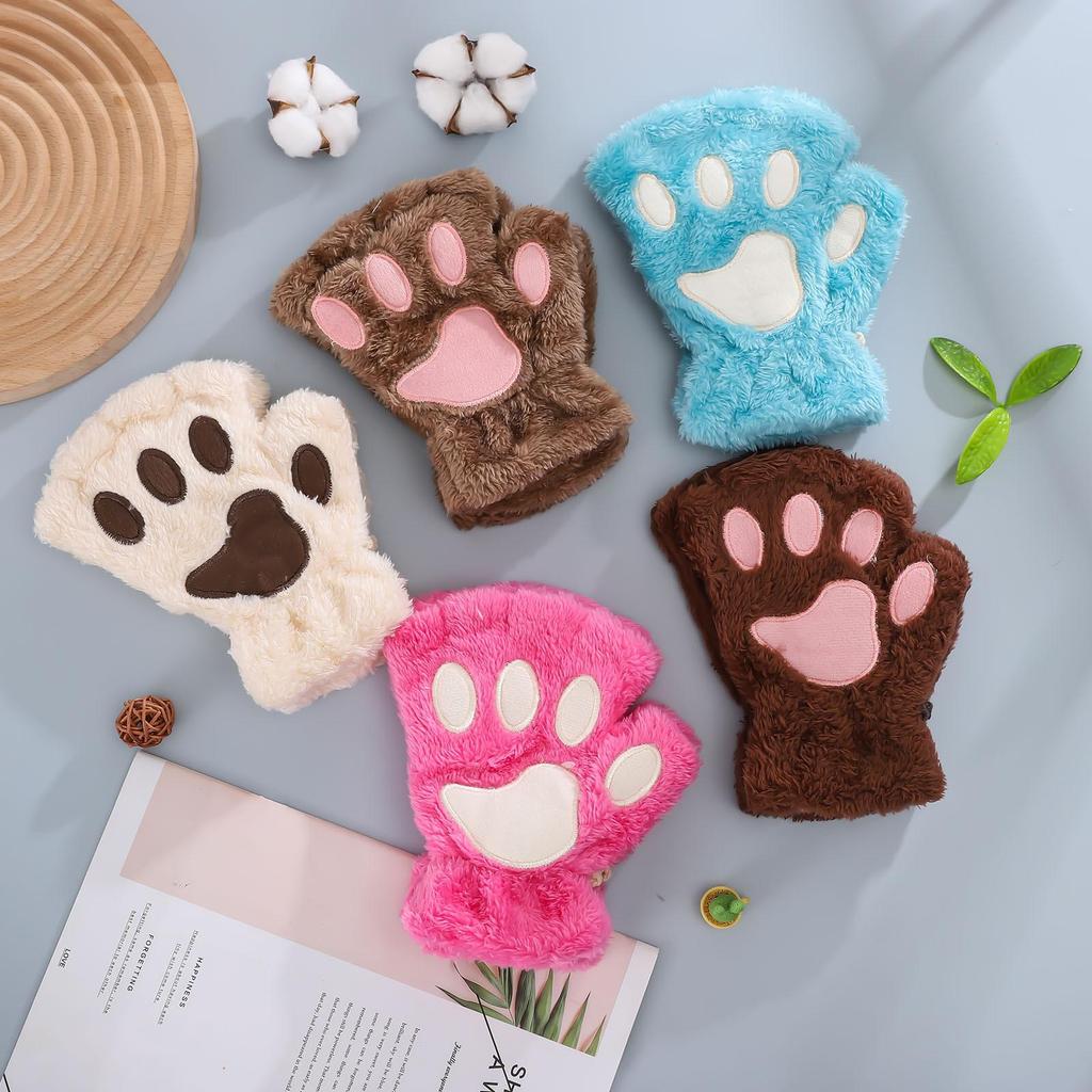 1pair Cat's Paw Gloves Ladies Winter Korean Cute Girls Fingerless Thick Warm Bear's Paw Plush Half-finger Gloves