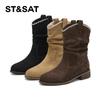 Saturday Western Cowboy Boots Women's 2025 Autumn/Winter Height Increasing Pointed Stacked Boots Retro Maillard Medium Top Women's Boots
