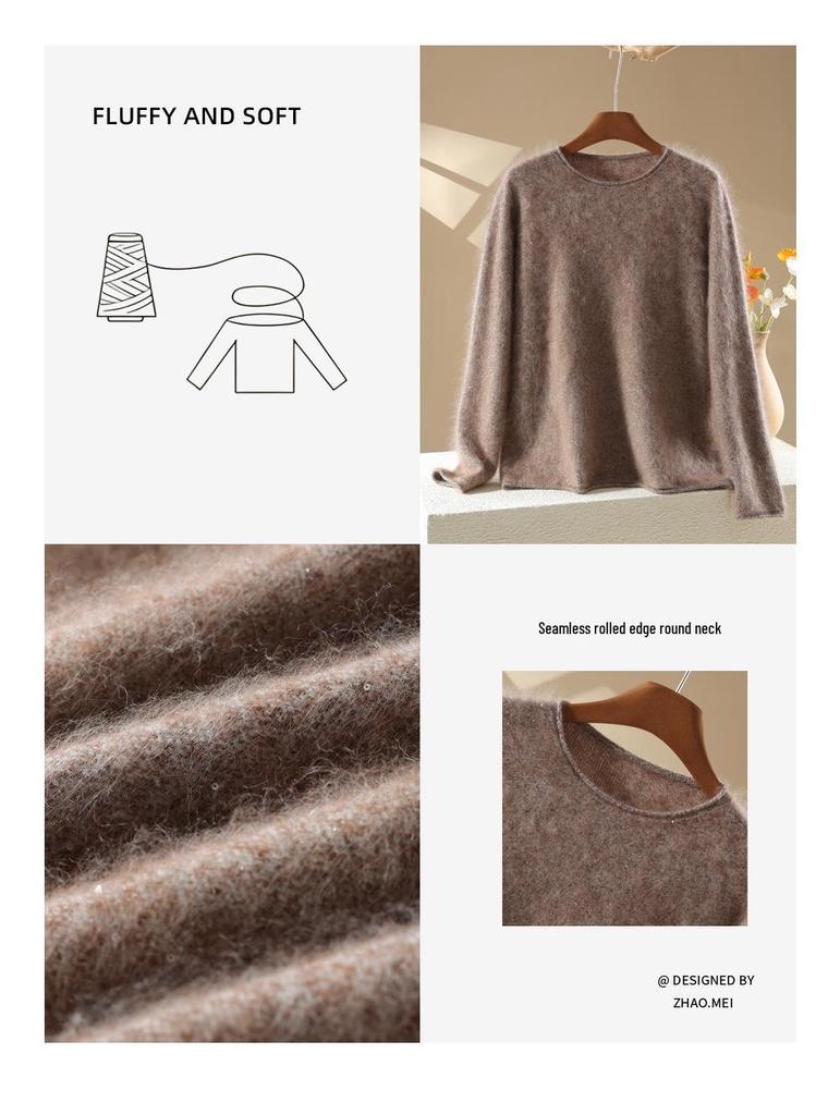 Women's Plus Size Korean Style Marled Yarn Cashmere Wool Sweater - Loose Fit, Brushed, Round Neck
