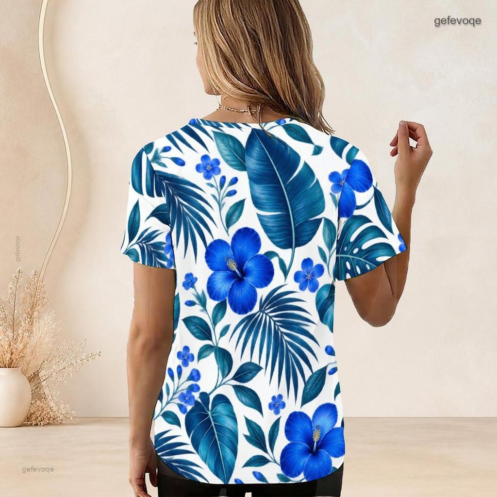 Women Plus Size U Neck Short Sleeve White Black Tropical Leaf Printed T Shirt