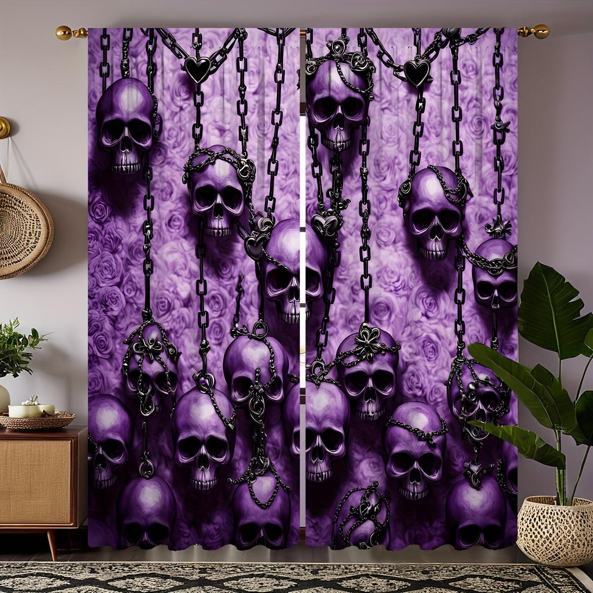 

Purple Gothic Skull Chain Curtains Pocket Rod Digital Print Polyester Bedroom Living Room All Season Decor Curtain Sheer For Sitting Made Of W100*H70(CM)-Grommet top&2PCS