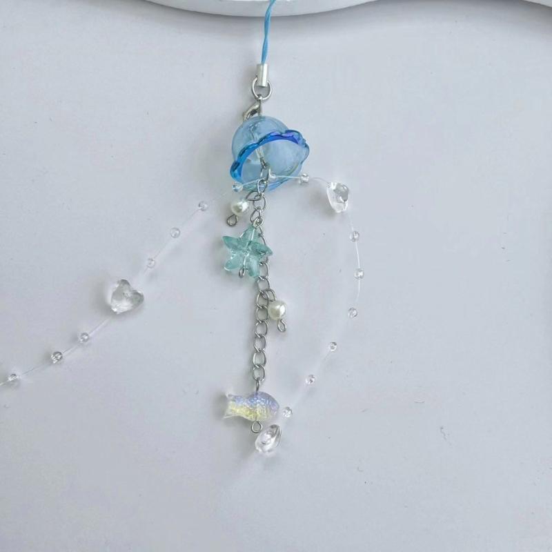 Elegant Jellyfish Inspired Phone Charm Portable Keychain with Crystal Star and Pearls Accents for Phone Accessorizing