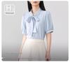 White Bow Short-Sleeve Women's Chiffon Top - Perfect for Professional Summer Wear and Interviews