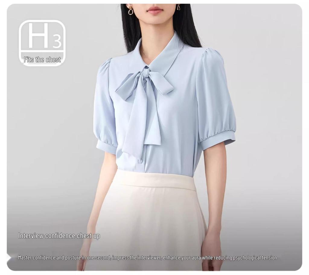 White Bow Short-Sleeve Women's Chiffon Top - Perfect for Professional Summer Wear and Interviews