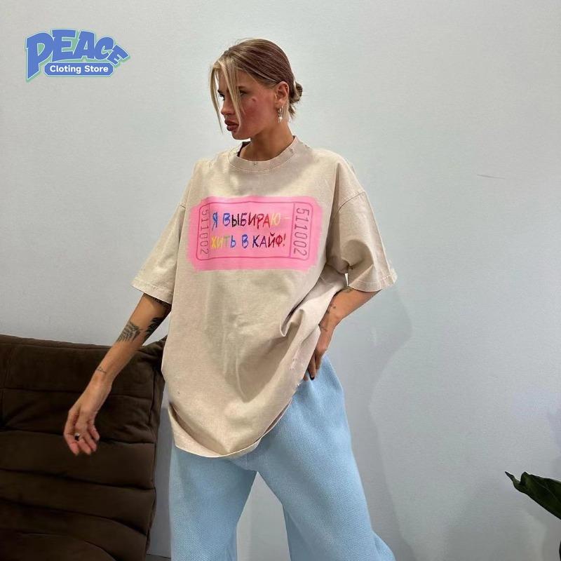 Retro Pure Cotton T-shirt for Women Summer Cute Russian Alphabet Printed T-shirt Fashion Casual Comfy Commute Short Sleeve Top