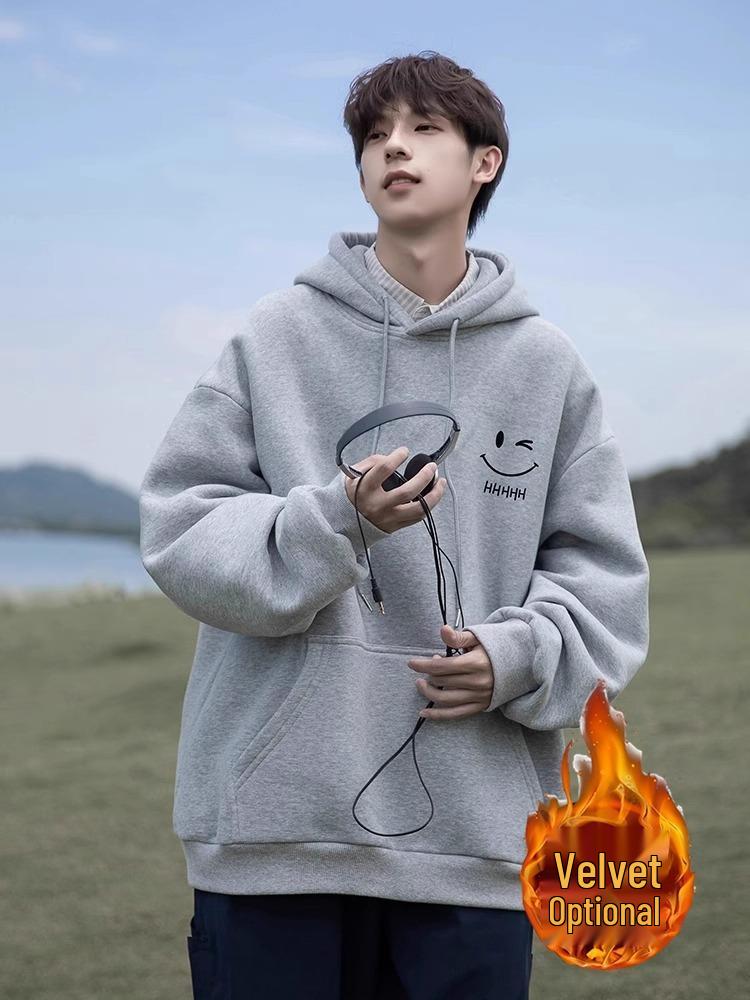 Men's Casual Navy Blue Hooded Sweatshirt, Autumn/Winter New Arrival with Velvet, Trendy Brand, Large Size, Loose Fit.