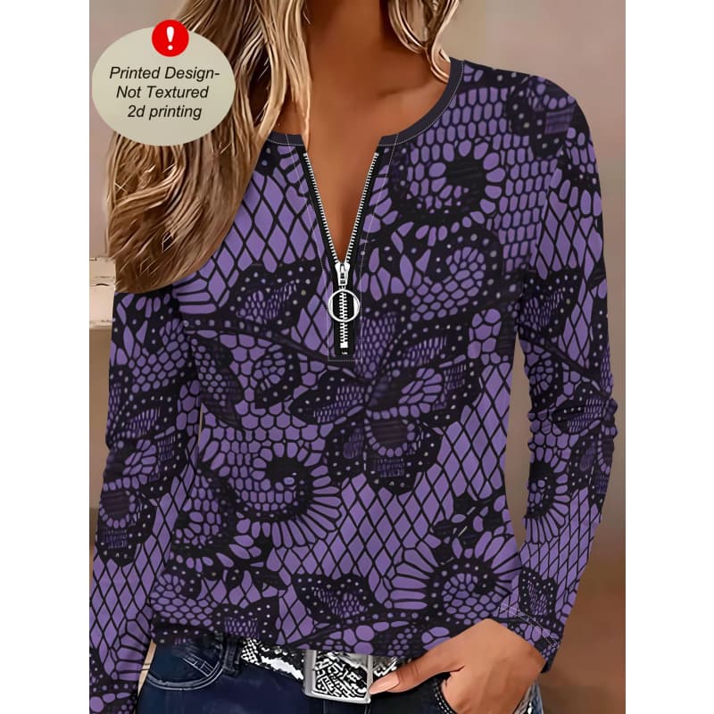 Women's Creative Printed Zipper Long-sleeved T-shirt, Breathable, Soft and Comfortable, Suitable for All-year-round Casual Wear
