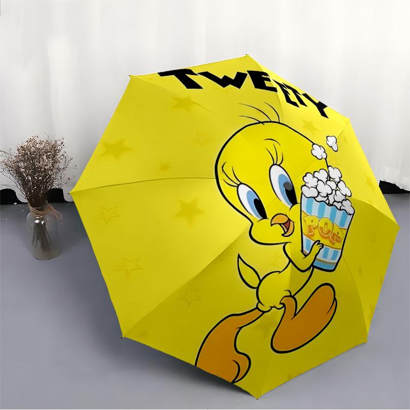 1PC Looney Tunes Tweety Popcorn Automatic Open/Close Umbrella - Compact Travel Umbrella, 8-Rib Heavy-Duty Construction, Ideal Gift a0828179