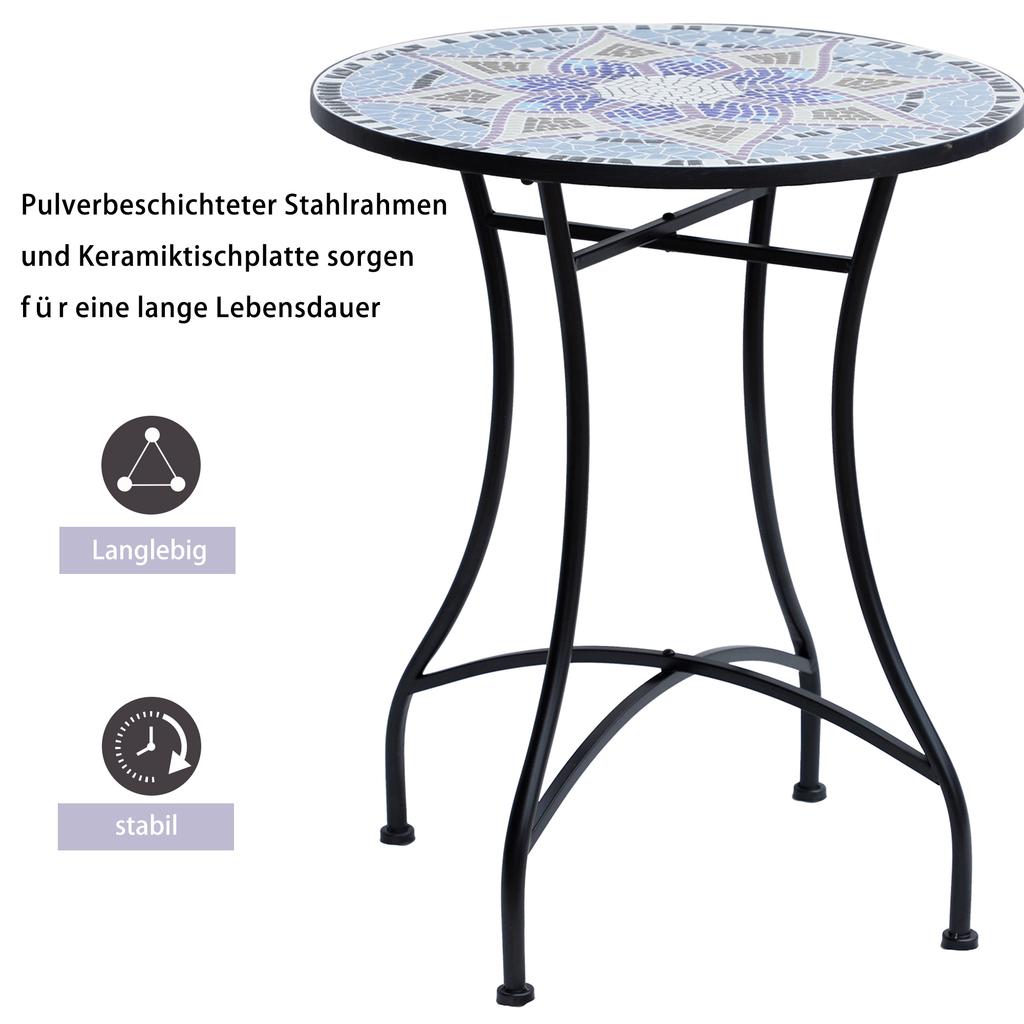 Tavolino da Giardino Rotondo in Mosaico da Esterno, Tavolino da Caffè Bistro per Patio con Piano in Ceramica da 60 cm per Giardino, Blu e Bianco