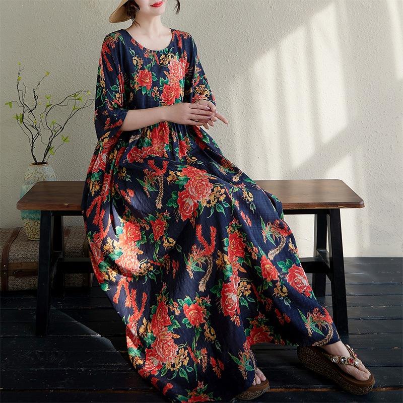 Real Shot Summer Thin Cotton and Linen Round Neck Short Sleeve Flower Simple Bohemian Long Dress Skirt Women