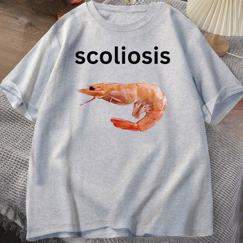 Shrimp with Scoliosis Graphic T Shirts Funny Curved Shrimp Meme T Shirt Seafood Humor Tee Cotton Short Sleeve Round Neck Tops