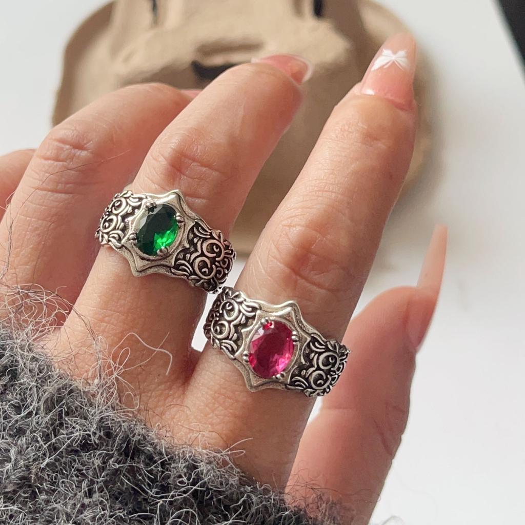Xiaomi 925 Sterling Silver Rings For Women Geometric Fine Jewelry Finger Adjustable Vintage Green Stone Ring For Party Birthday Gift