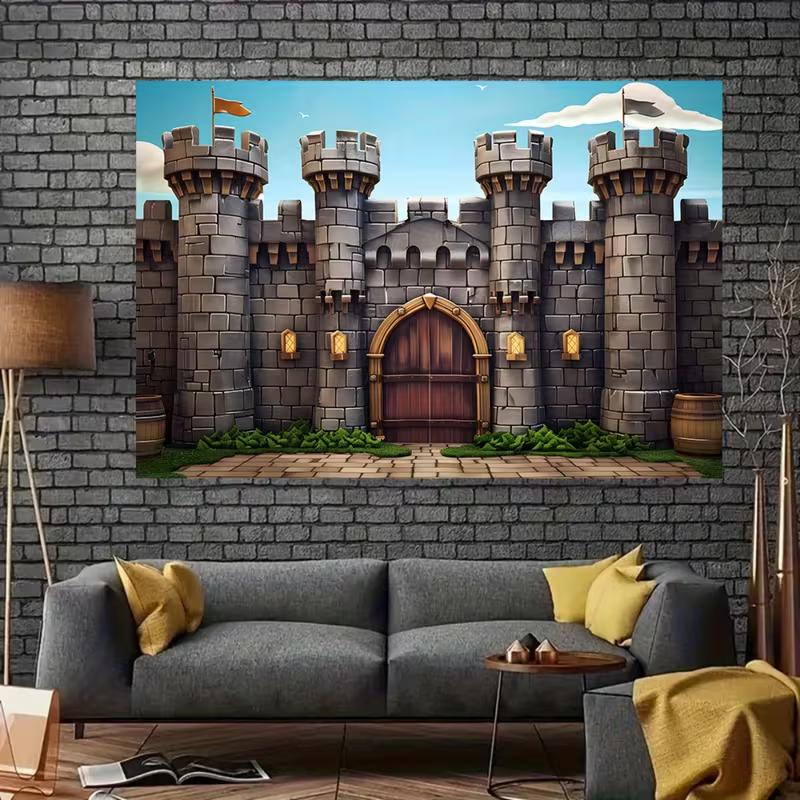 2D Fantasy Castle Backdrop Medieval Fortress with Flags Photography Background