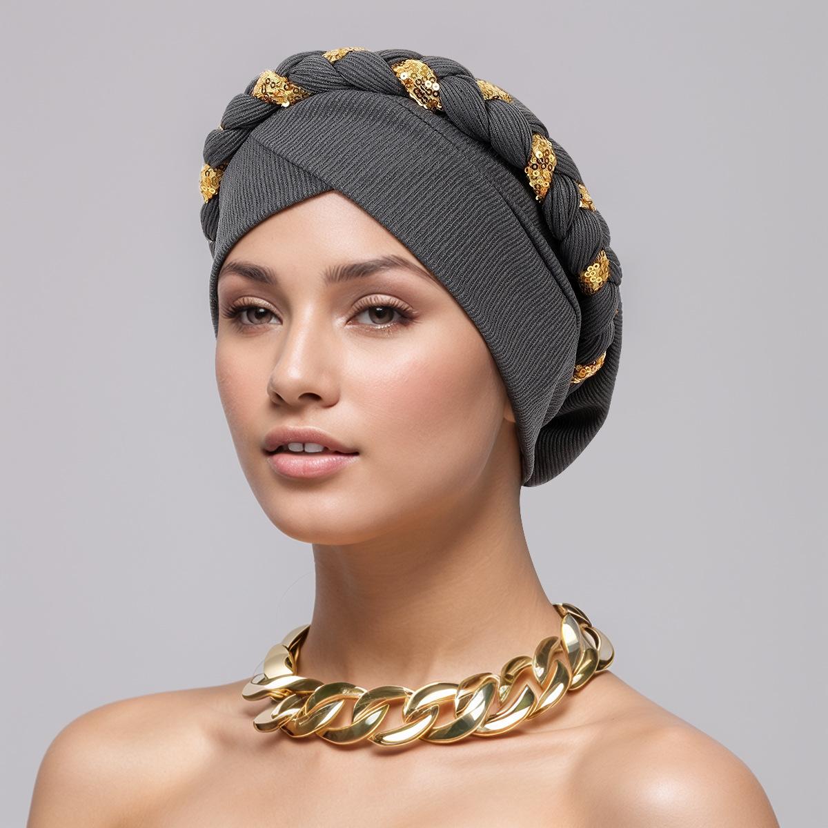 

Indian Turban Sequin Twist Braids Bonnet Cap Women Muslim Hijab Hat Headscarf Beanies Head Wrap Headwear сірий колір