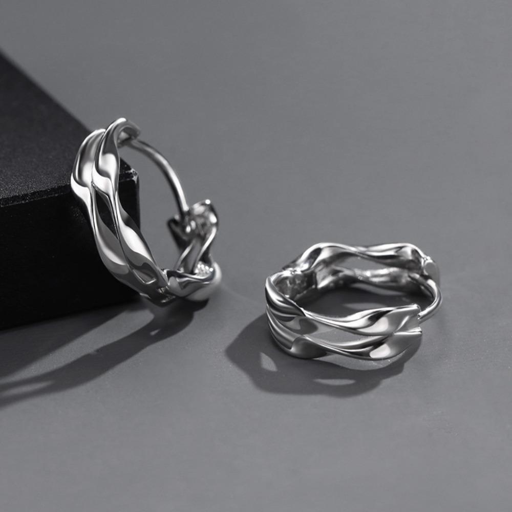 925 Silver Plated Hip Hop Wave Earrings for Men Trendy Punk Style Male Ear Jewelry
