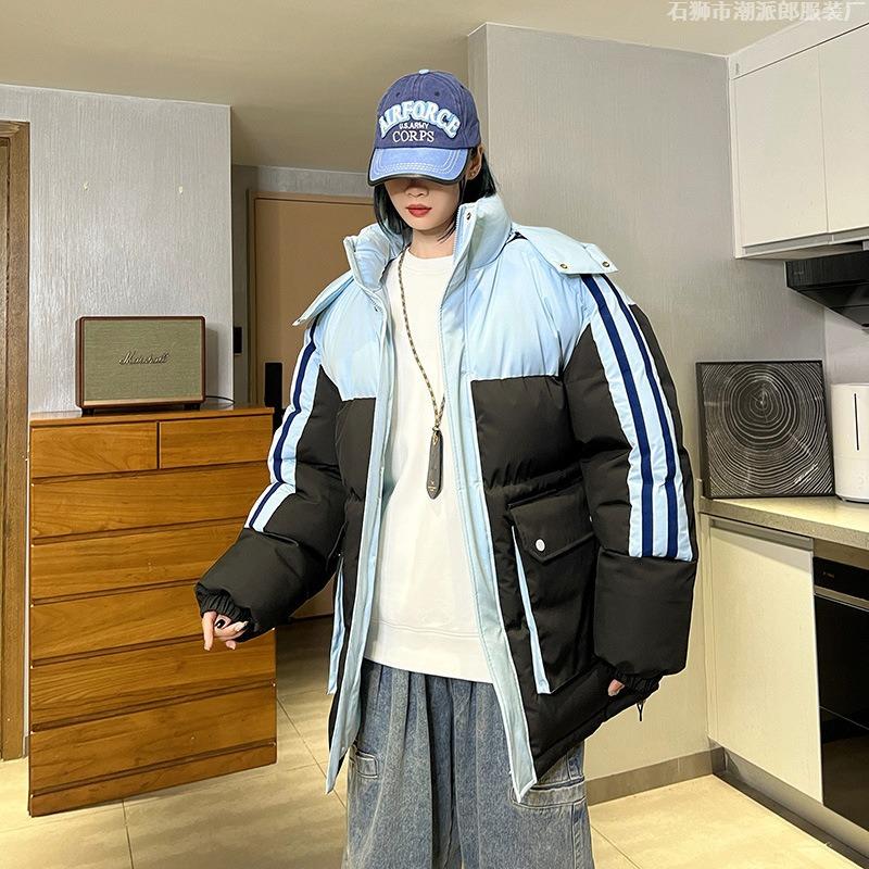 Couple Clothes Cotton-padded Clothes, Large Pockets, Striped Color Matching, Removable Hats, Loose Warm Men's and Women's Cotton-padded Jackets