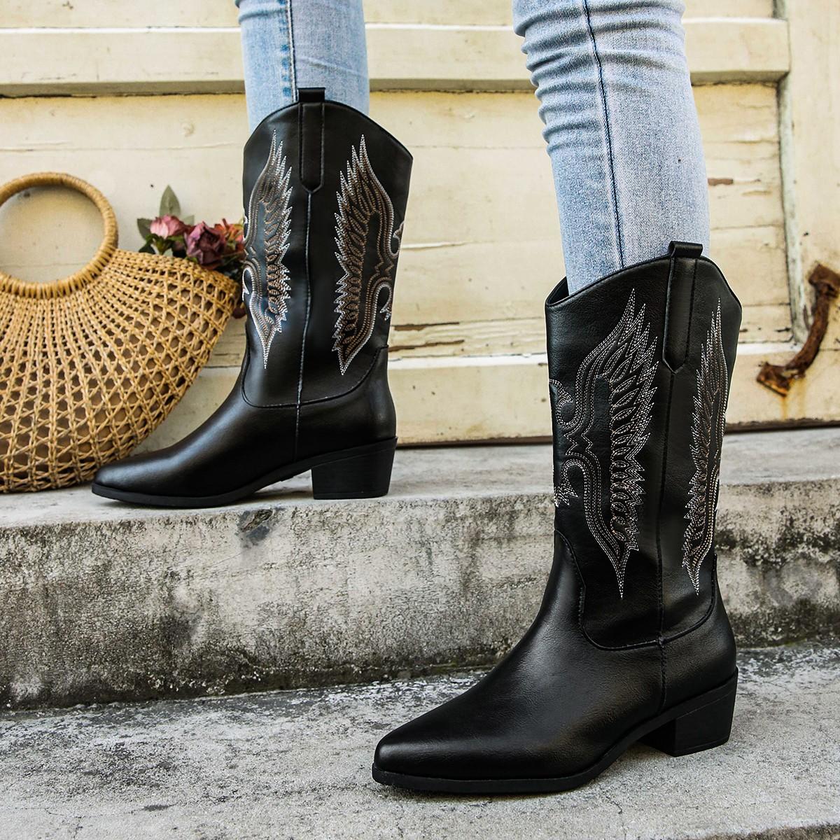

Fashion New Western Women Boots Autumn Winter Fashion Chunky Heeled Cowboy Boots Vintage Style Country Western Cowgirl High Heels Boots 36