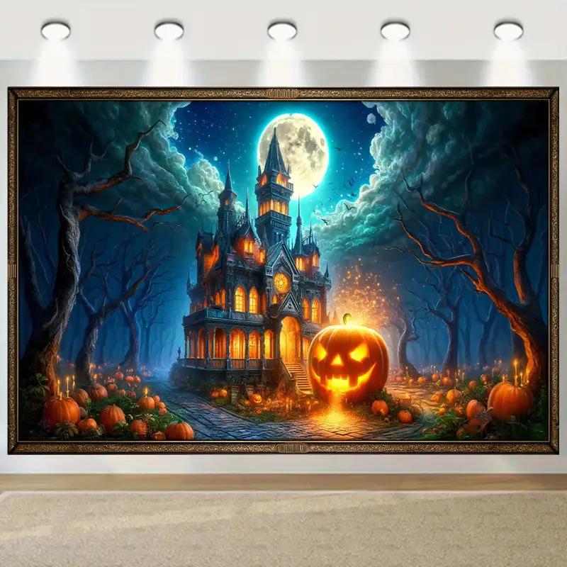 2D Plane, 1 Piece of 2D Plane Printing, Strange Halloween Pumpkin Castle Banner, Eerie Night Sky Filled with Moons