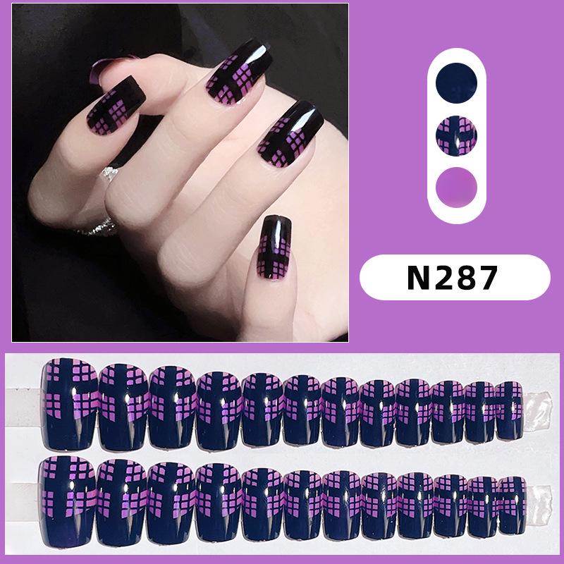 

Трансграничные съемные носимые наклейки для накладных ногтей в черно-фиолетовую клетку