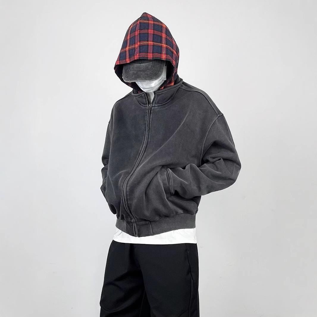 

Винтажный выстиранный худи-свитер из двух частей на молнии для мужчин, зимний кардиган-пальто 2XL чёрный