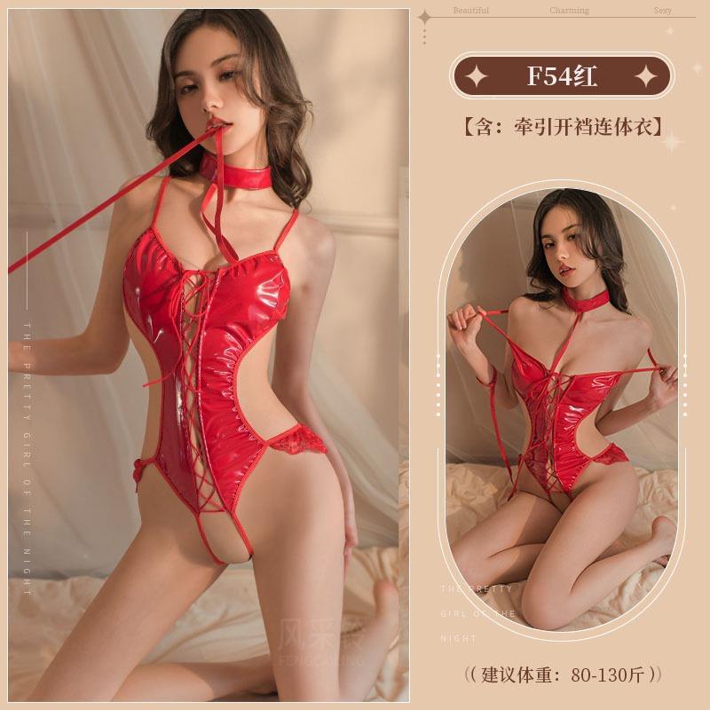 Erotic Passion Strapless Leather Split Bodysuit Tie-On Removable Uniform Temptation Set Sexy Underwear Adult Costume for Couples