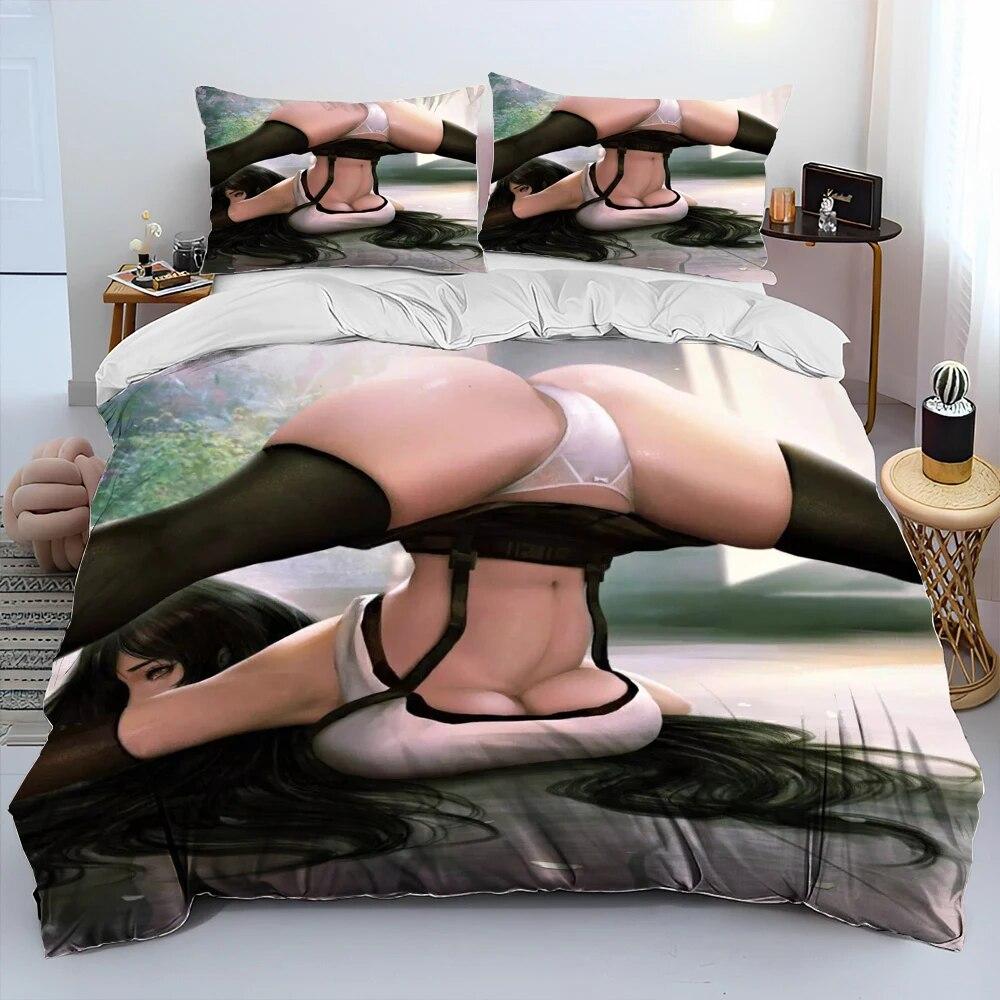 Tifa Aerith Sexy Girl Lace Cartoon Game Comforter Bedding Set,Duvet Cover Bed Set Quilt Cover Pillowcase,Queen Size Bedding Set