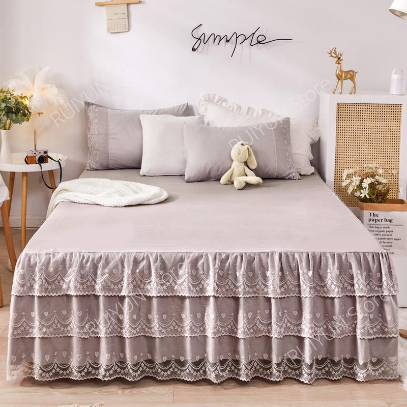 Solid Princess 3 Layers Bed Skirt Non-slip Mattress Cover Lace Ruffled Bed Skirt Bedsheet Bedroom Bed Cover Bed Skirt Bedspread