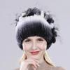 Brand Women Genuine Rex Rabbit Fur Hats Winter Rex Rabbit Fur Beanies Striped Top Flower Fox Fur Warm Real Fur Knit Caps