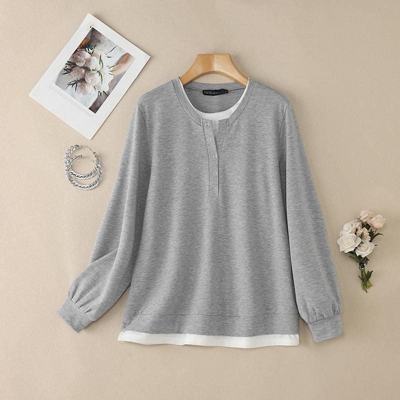 

ZANZEA Women Casual Round Neck Loose Long Sleeve Tee Shirts 5XL серый