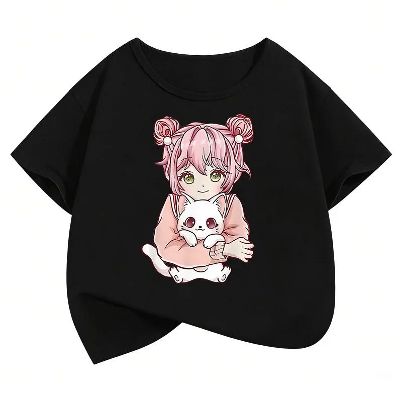 Japanese Anime Style Girl with Cat Design T Shirts Manga Kids Childrens Tshirt Boys Girls Summer Spring Casual Top Tee Shirt
