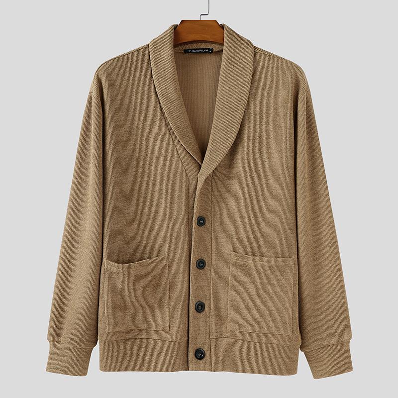 

INCERUN Spring Men Lapel Neck Long Sleeve Casual Thin Rib Pullovers Tops 5XL хаки